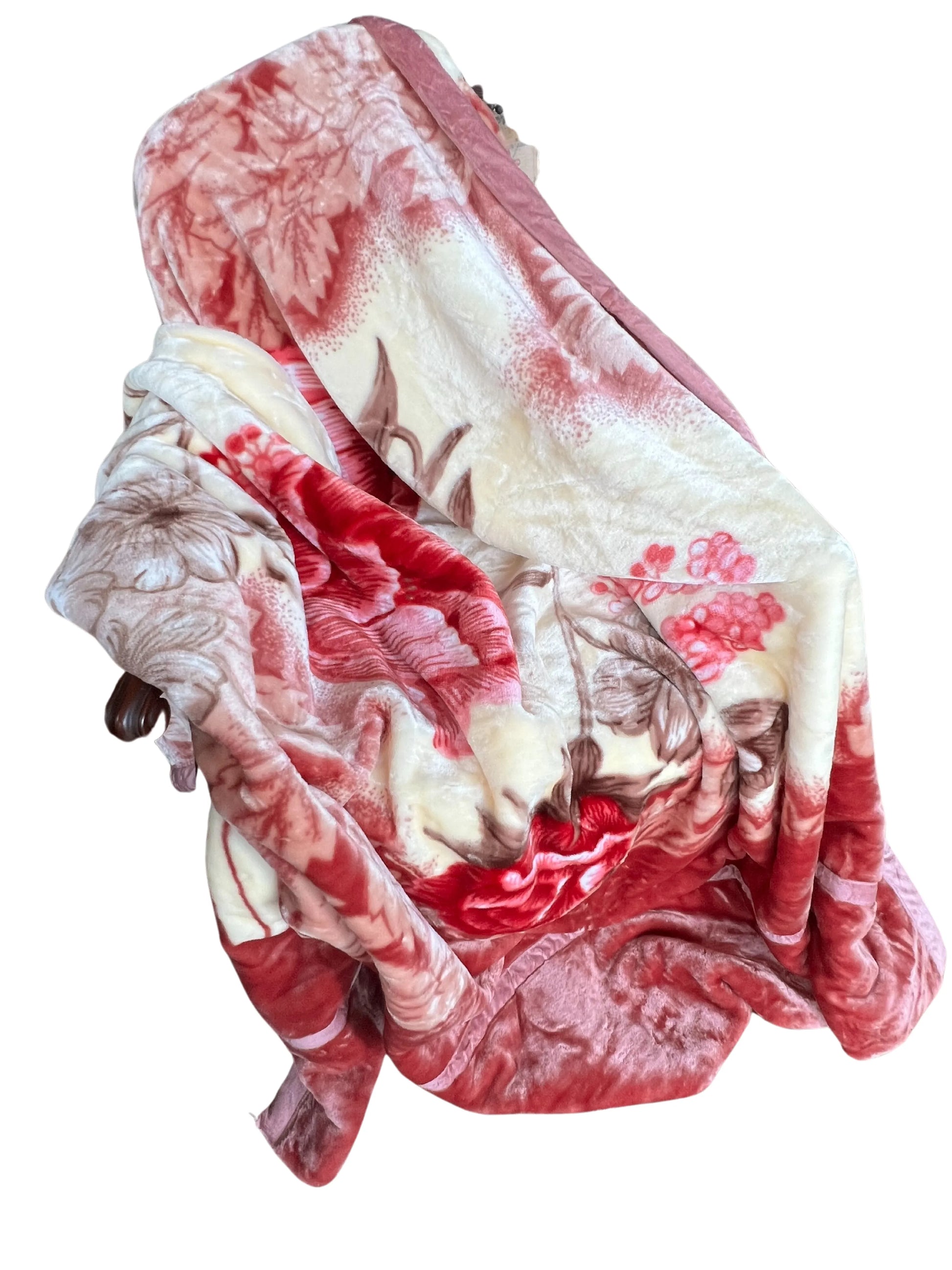 SilkenWarmth Raschel blanket, large floral motif, upright drape view