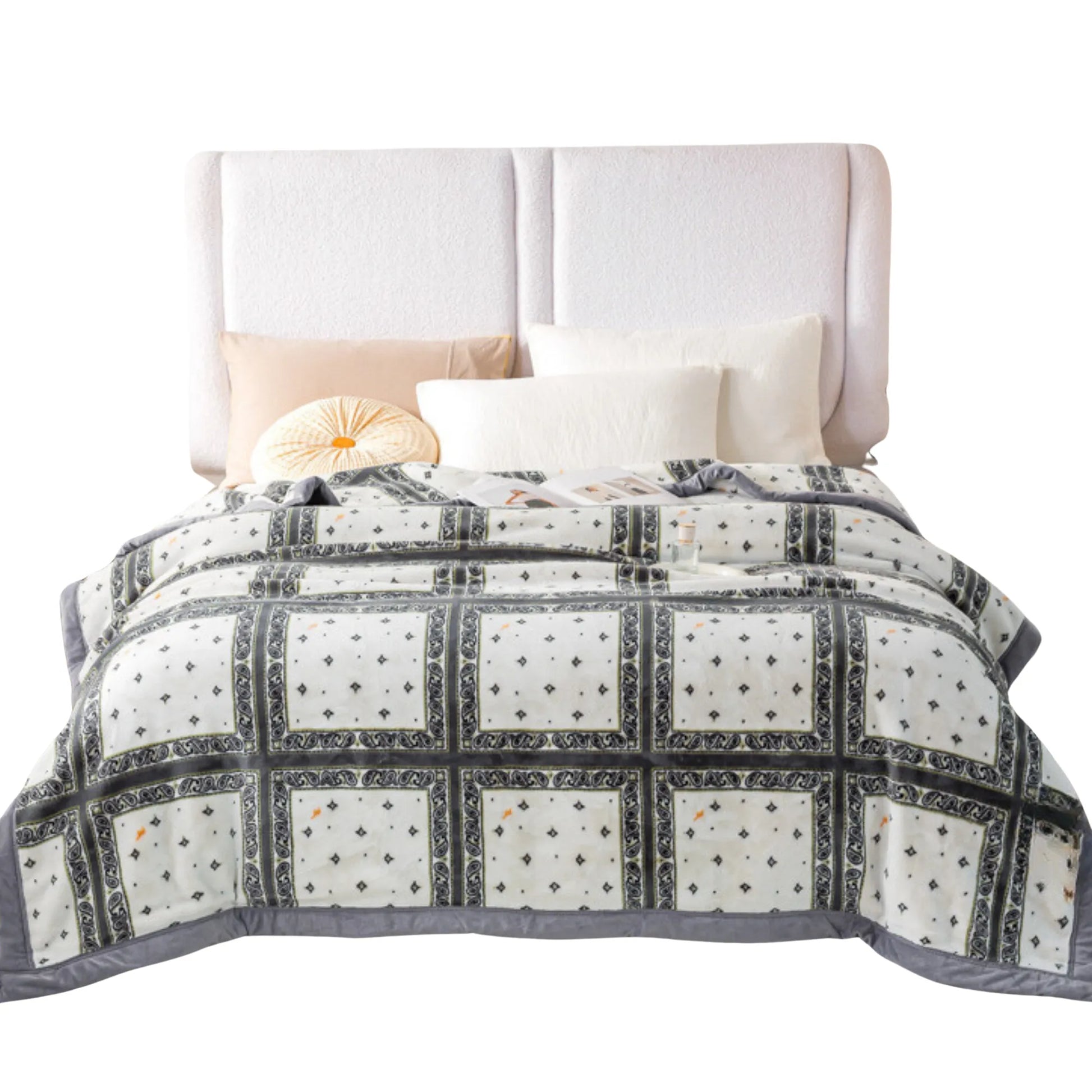 SilkenWarmth Raschel blanket, geometric square panels with grey edging